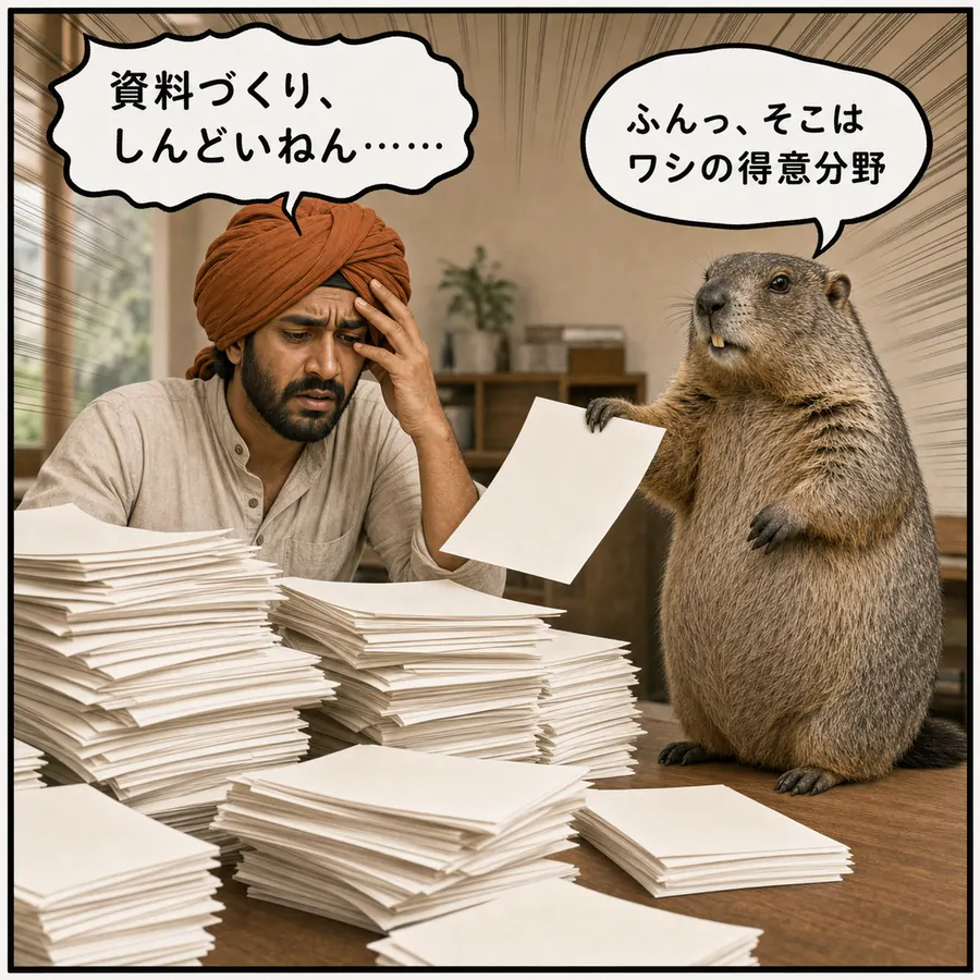 1コマ漫画：資料の山に埋もれるラジーブに、マルモが整った資料を差し出す
