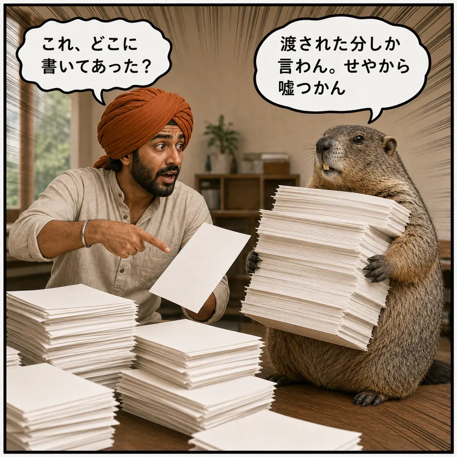 1コマ漫画：資料を抱えたマルモが、ラジーブの質問に即答する