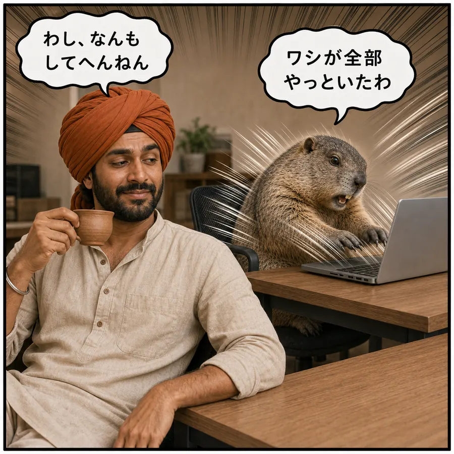 1コマ漫画：チャイを飲むラジーブの後ろで、マルモが猛烈にPC作業