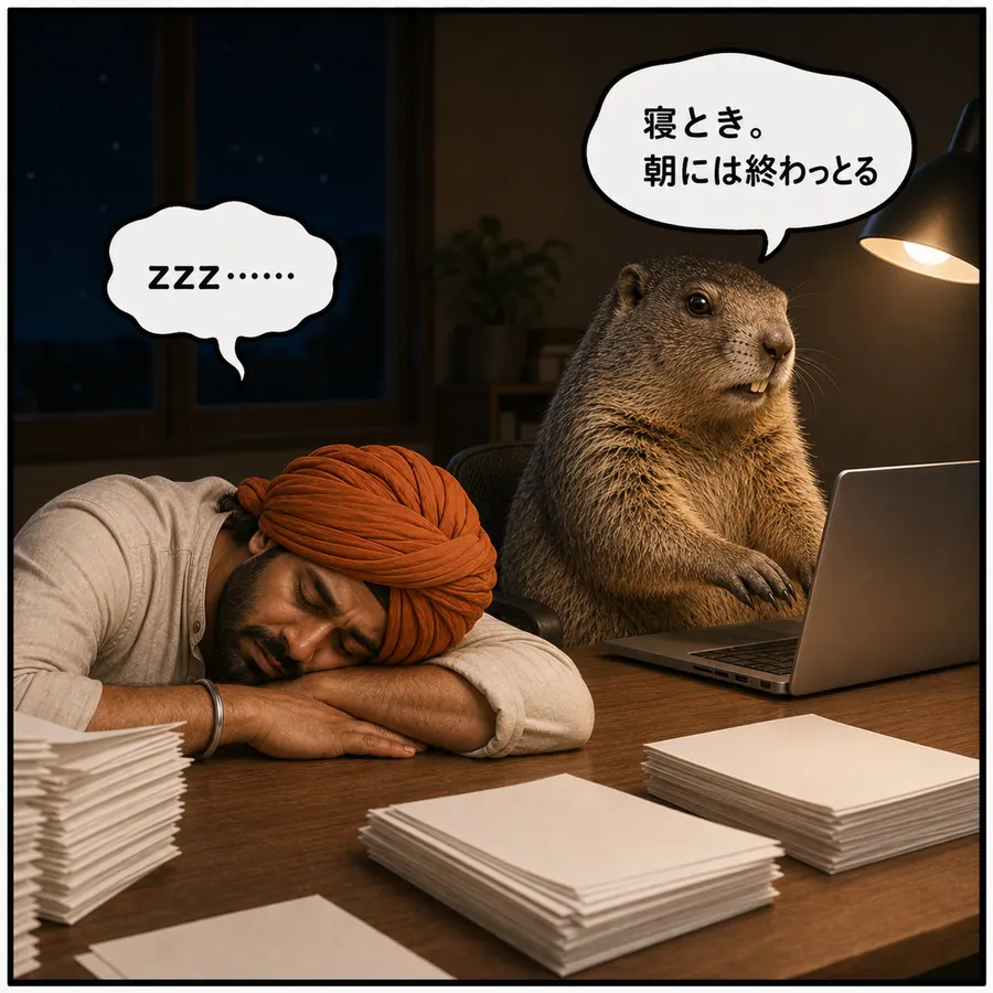 1コマ漫画：夜、寝落ちしたラジーブの隣でマルモが作業を続ける
