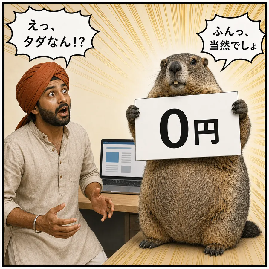 1コマ漫画：マルモが0円の札を掲げ、ラジーブが驚く