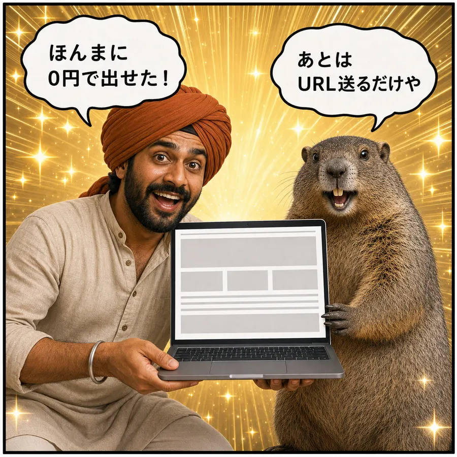 1コマ漫画：完成したページを2人で掲げて見せている