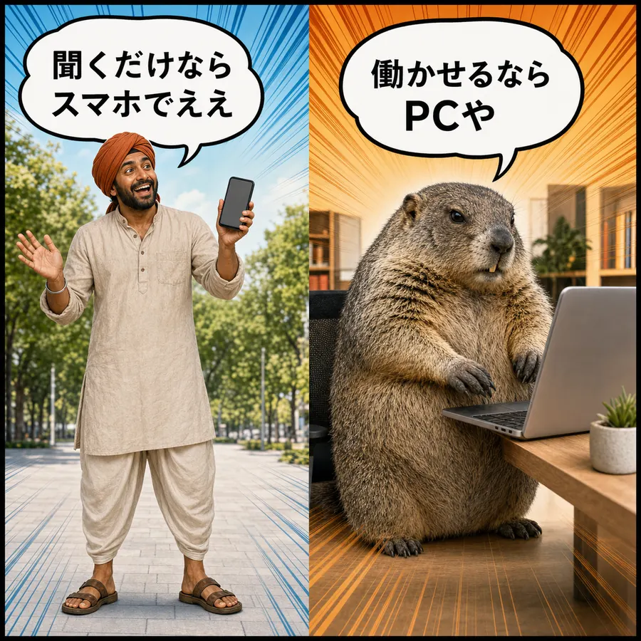 1コマ漫画：左でスマホを持つラジーブ、右で机のPCに向かうマルモ