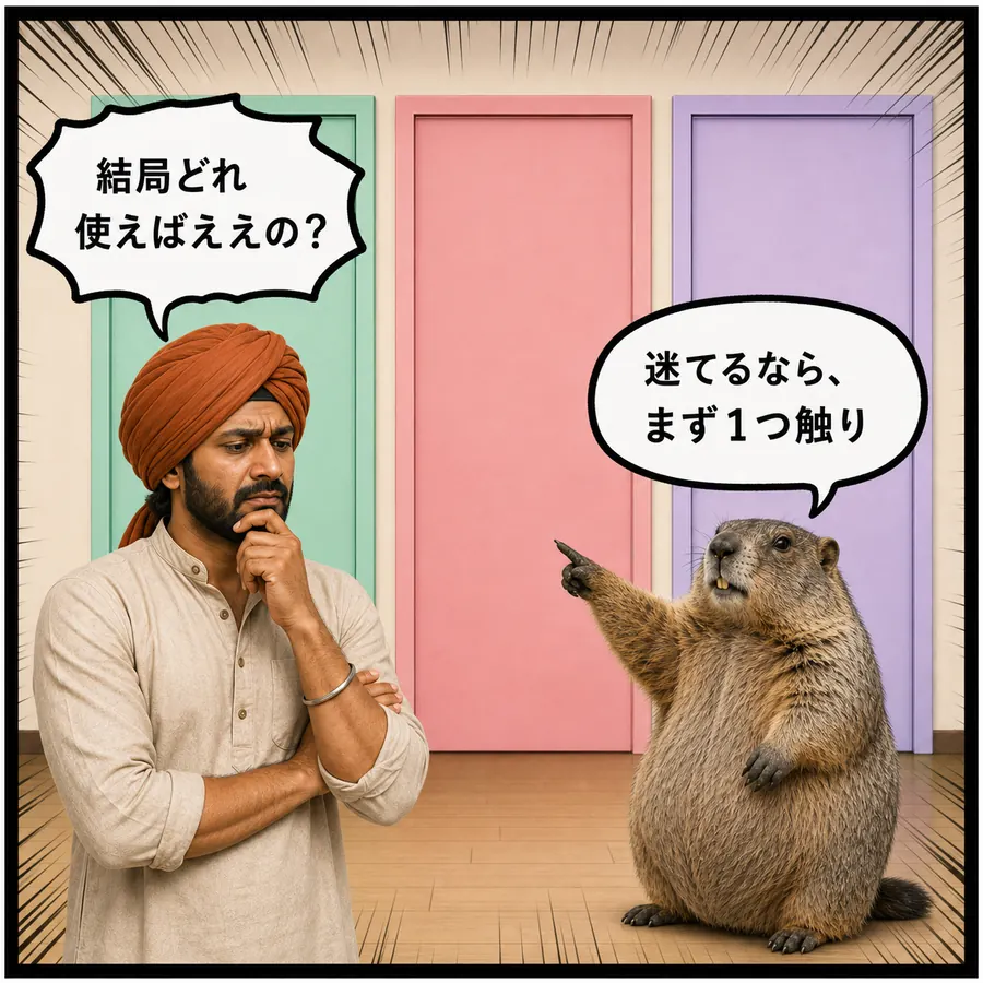 1コマ漫画：3つの扉の前で悩むラジーブに、マルモが1つを指さす