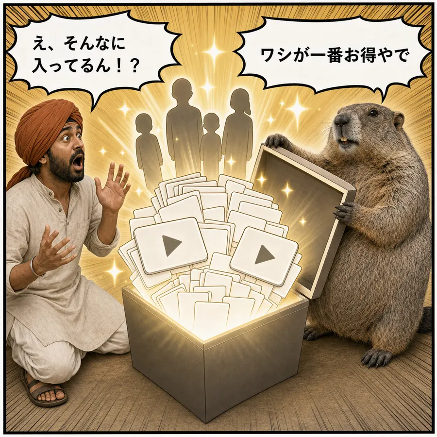 1コマ漫画：大きな箱から中身をあふれさせて自慢するマルモ