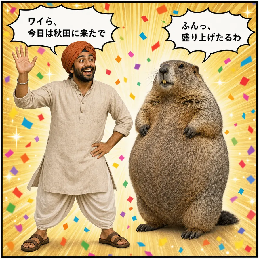 1コマ漫画：ラジーブとマルモが並んで手を振り、講習の開幕を告げる