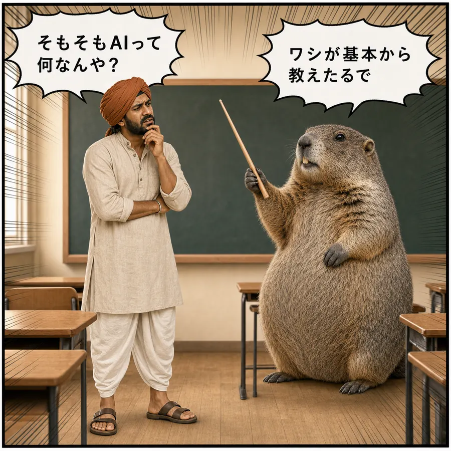 1コマ漫画：首をかしげるラジーブに、マルモが先生のように教える構え