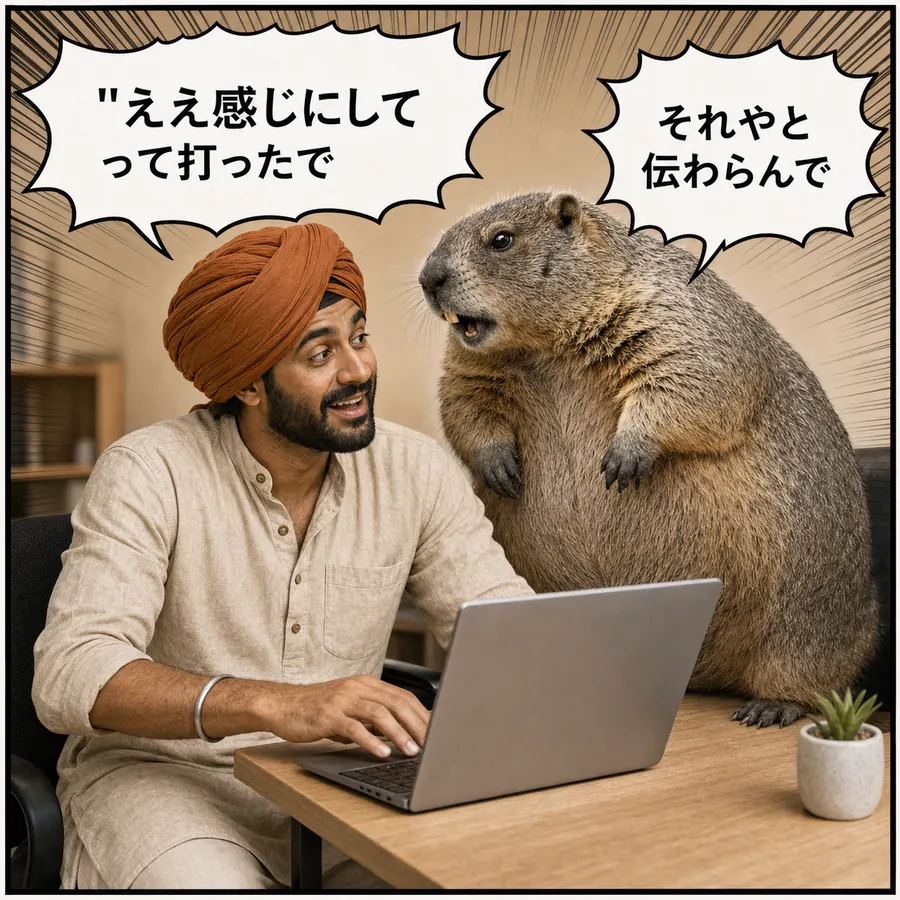 1コマ漫画：適当に打ち込むラジーブに、マルモがあきれ顔でダメ出し