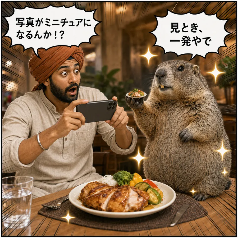 1コマ漫画：写真を撮るラジーブと、ミニチュアを掲げて自慢するマルモ