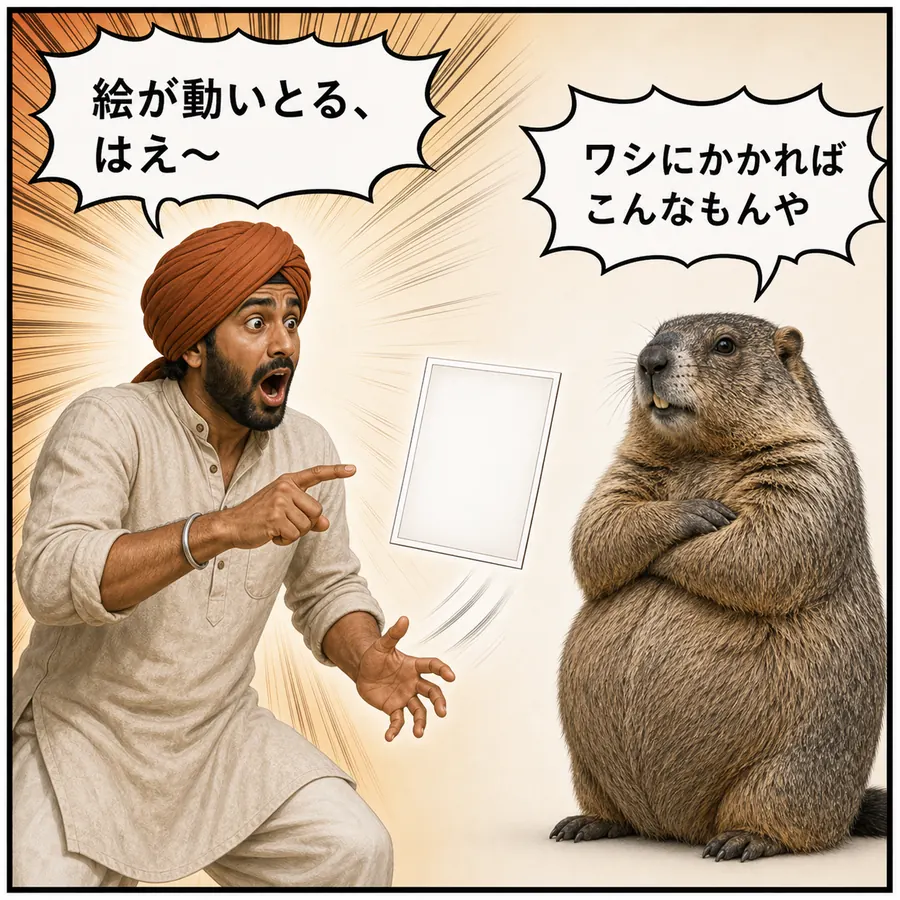 1コマ漫画：写真が動き出して驚くラジーブと、平然としたマルモ