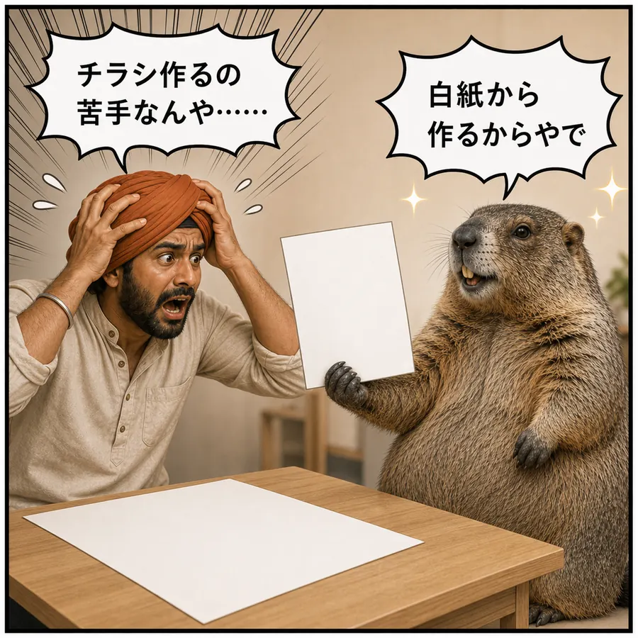1コマ漫画：白紙を前に頭を抱えるラジーブと、完成品を見せびらかすマルモ
