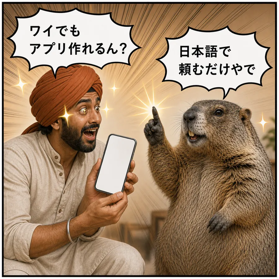 1コマ漫画：スマホの画面に目を輝かせるラジーブと、簡単だと構えるマルモ