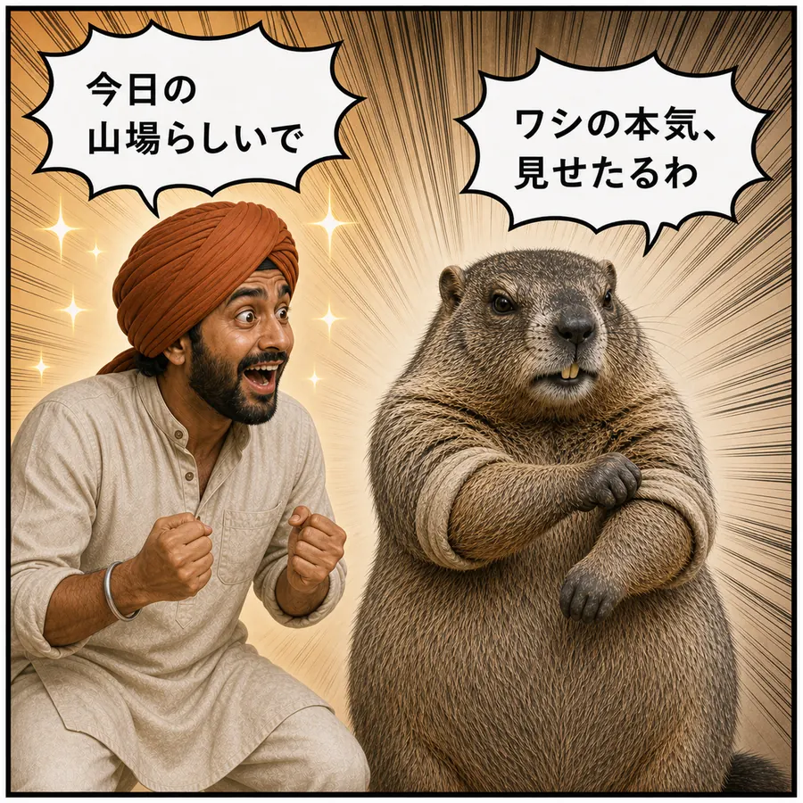 1コマ漫画：腕まくりして本気を出すマルモと、ワクワク見守るラジーブ