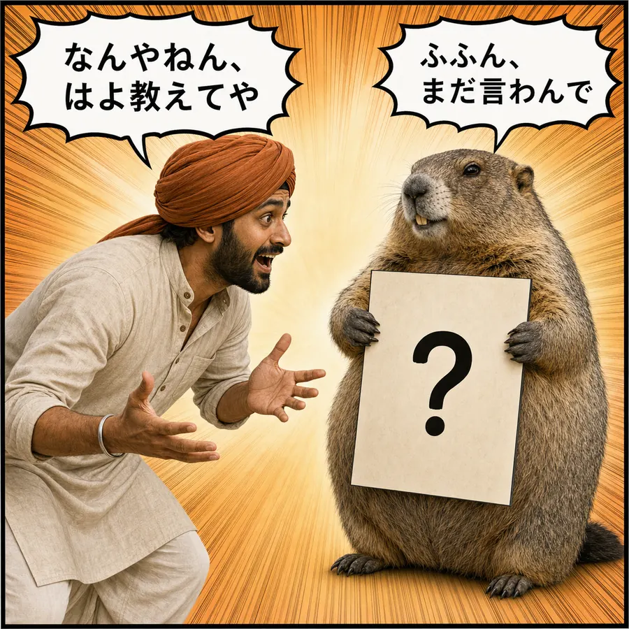 1コマ漫画：？の札を抱えてもったいぶるマルモと、知りたがるラジーブ
