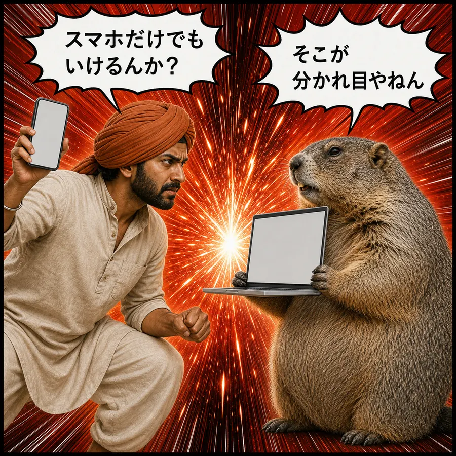 1コマ漫画：スマホを掲げるラジーブとPCを抱えるマルモが向かい合う