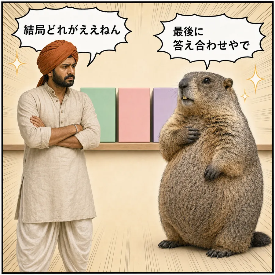 1コマ漫画：腕組みして悩むラジーブと、任せろと胸を叩くマルモ