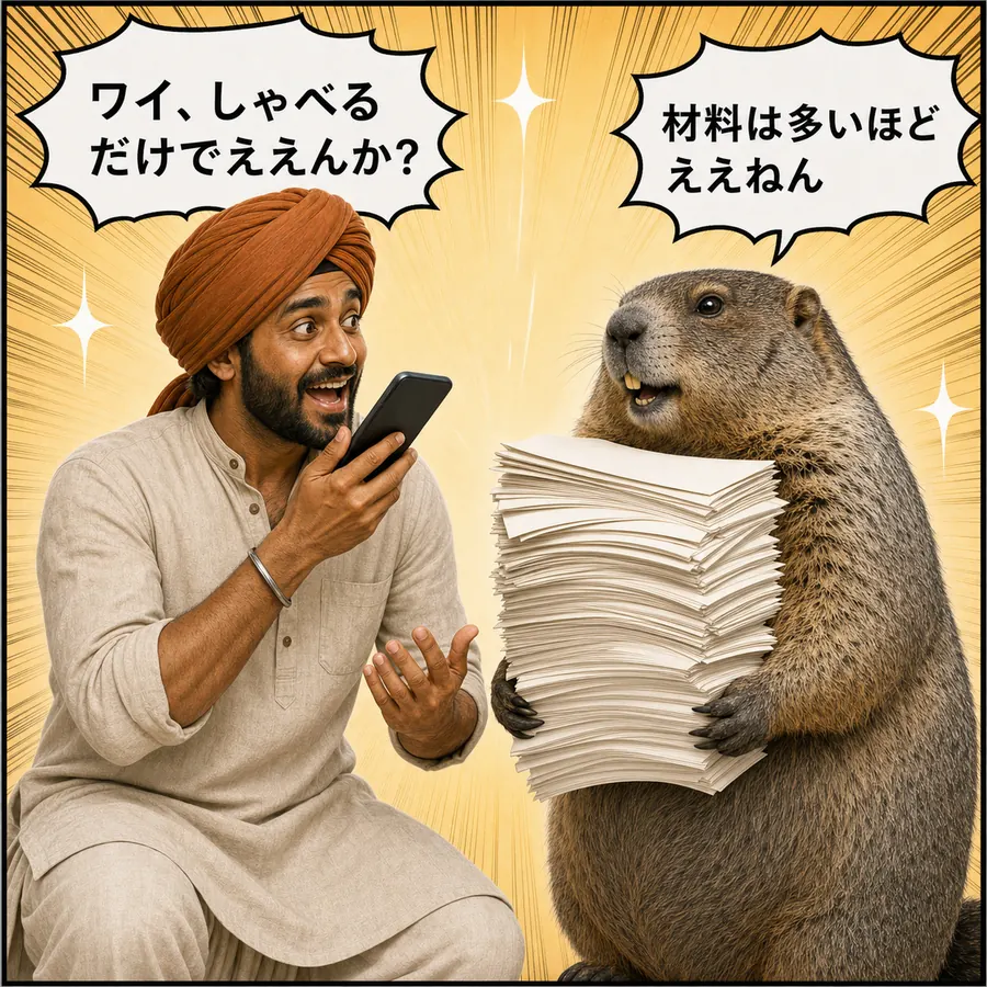 1コマ漫画:スマホに向かって喋り続けるラジーブと、メモの束を抱えるマルモ