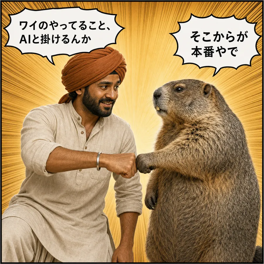 1コマ漫画:ラジーブとマルモが拳を突き合わせて、自分×AIの本番を宣言する