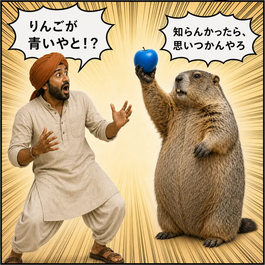 1コマ漫画:マルモが青いりんごを掲げ、ラジーブが心底驚く