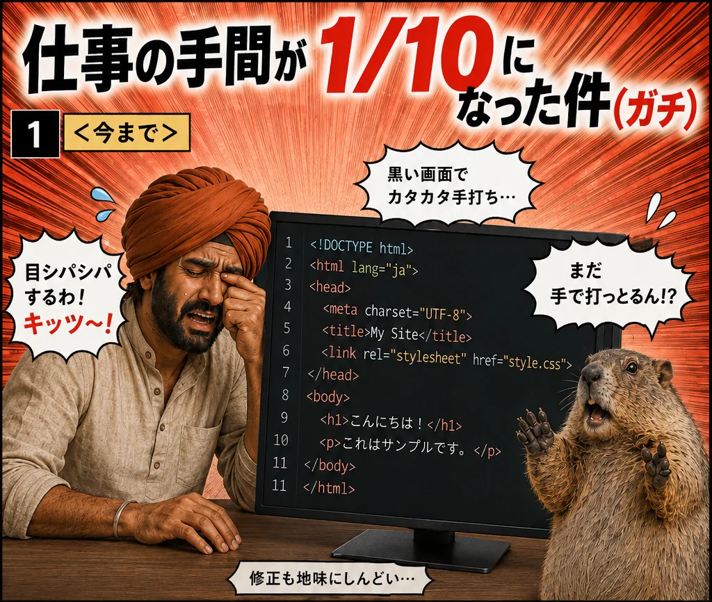 漫画1コマ目：今までは黒い画面でコードを手打ちしていた